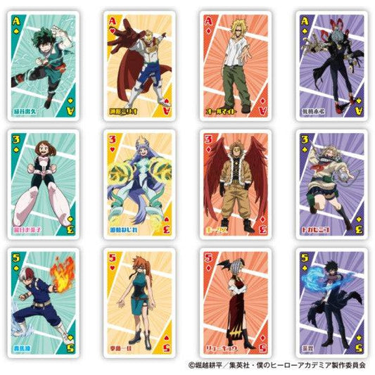Set of illustrated playing cards with My Hero Academia anime character designs on a white background
