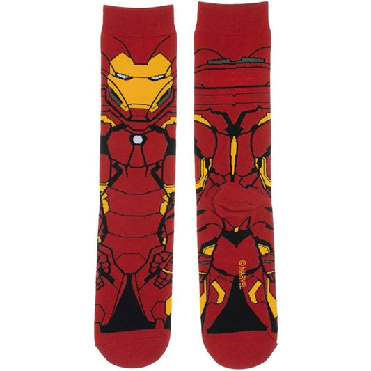 A pair of red crew socks featuring a full-length graphic print of Iron Man, shown flat against a plain white background.