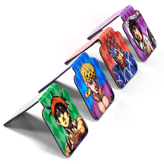 Pack of JoJo's Bizarre Adventure magnetic bookmarks with character illustrations on a black background available at chimploot.com