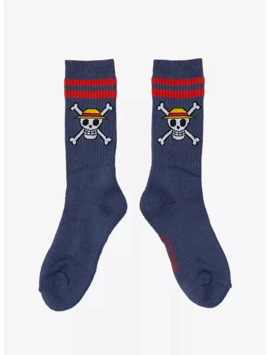 Pair of navy blue One Piece straw hat crew socks with skull and crossbones design on a white background
