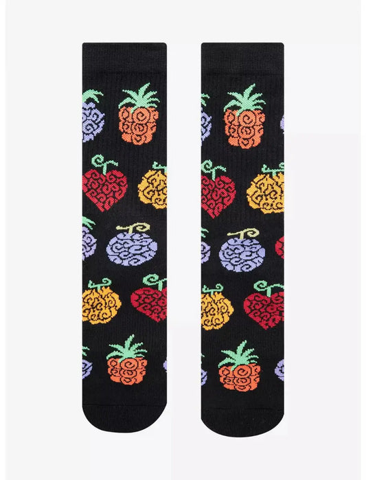 Black One Piece Devil Fruit Allover Print Crew Socks with colorful pineapple pattern on a white background