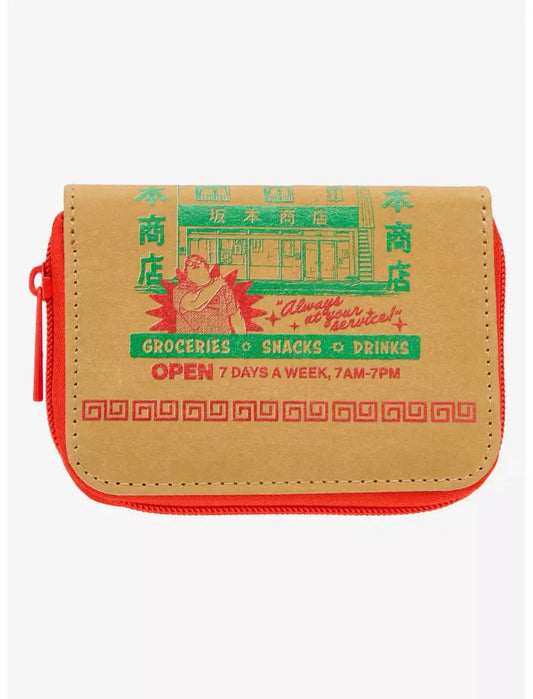 Sakamoto Days Brown Bag Mini Zipper Wallet pouch with red and yellow accents on a white background
