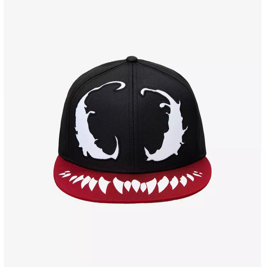 Black and red Venom Face Snapback Hat cap with white graphic design on a white background