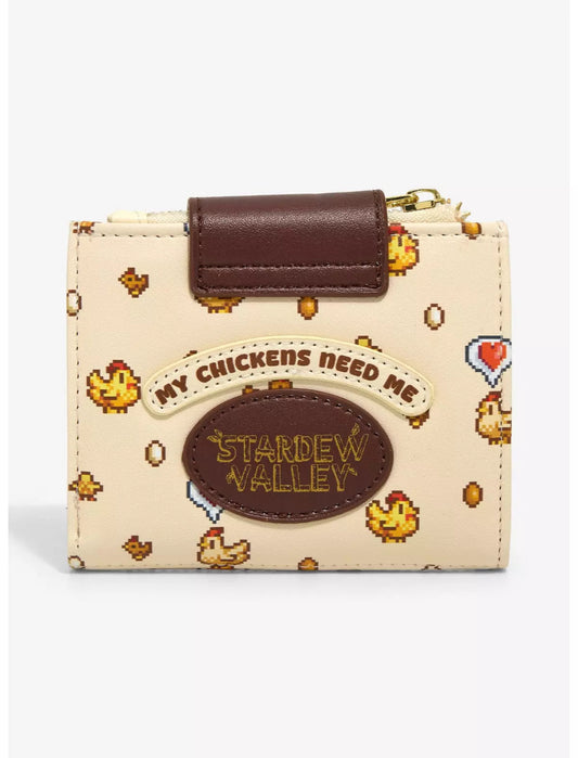 Small wallet with 'Stardew Valley' chicken pattern on a white background