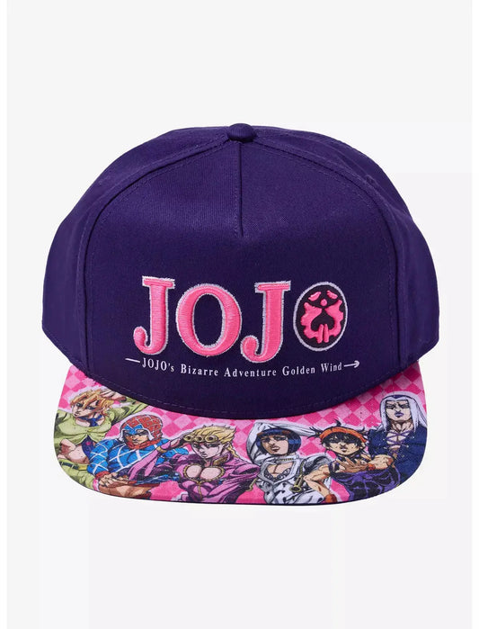 A snapback cap featuring JoJo's Bizarre Adventure Characters Snapback Hat embroidered in pink on the front, and a colorful anime character print on the brim.