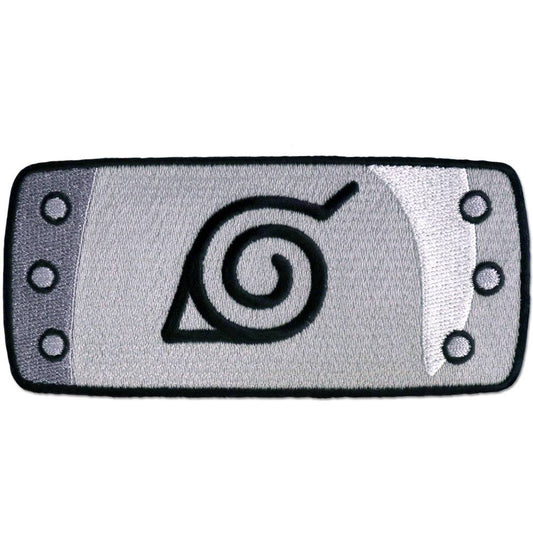 An embroidered patch of an anime Naruto headband, featuring the Uzumaki leaf symbol in black on a textured gray and silver background with black border and mounting holes.