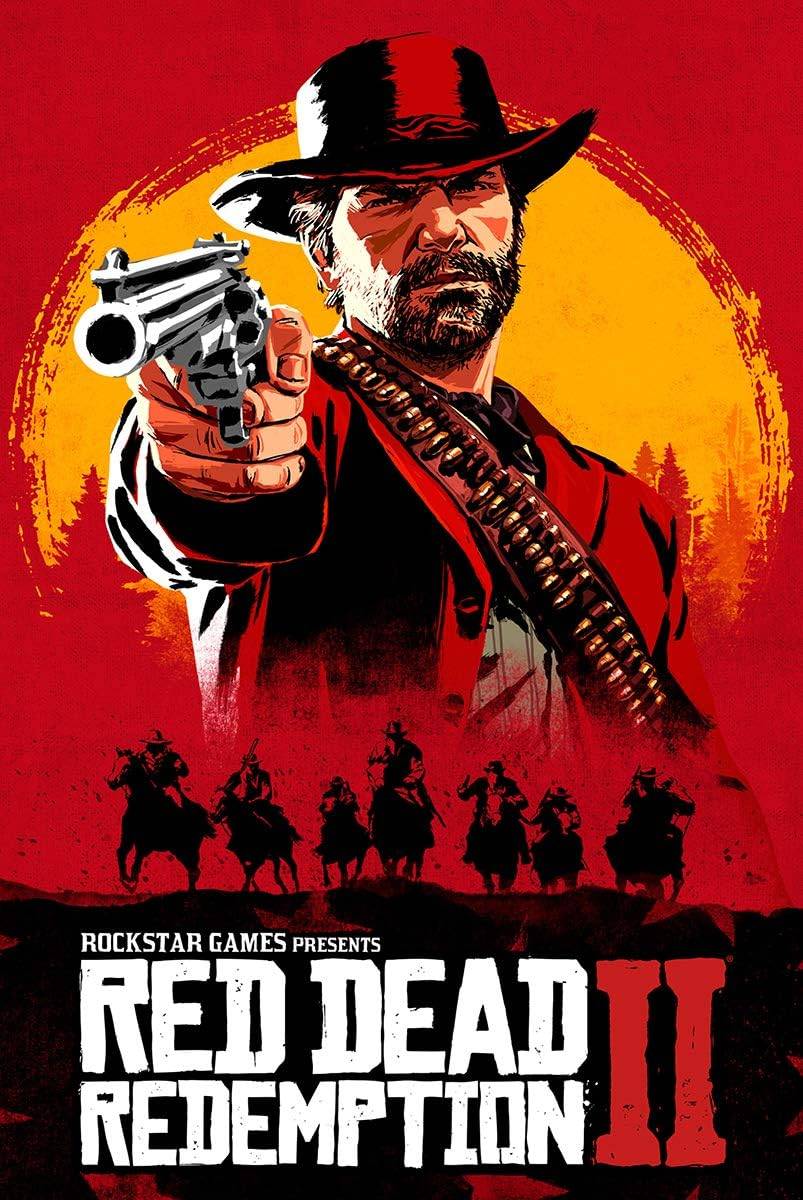 Promotional poster for 'Red Dead Redemption II' with a character holding a gun against a red and yellow background.
