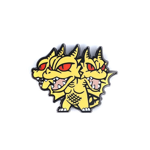 Godzilla Chibi King Ghidorah enamel pin from the Pintrill Collection Series 2, displayed on its original red and orange backing card.