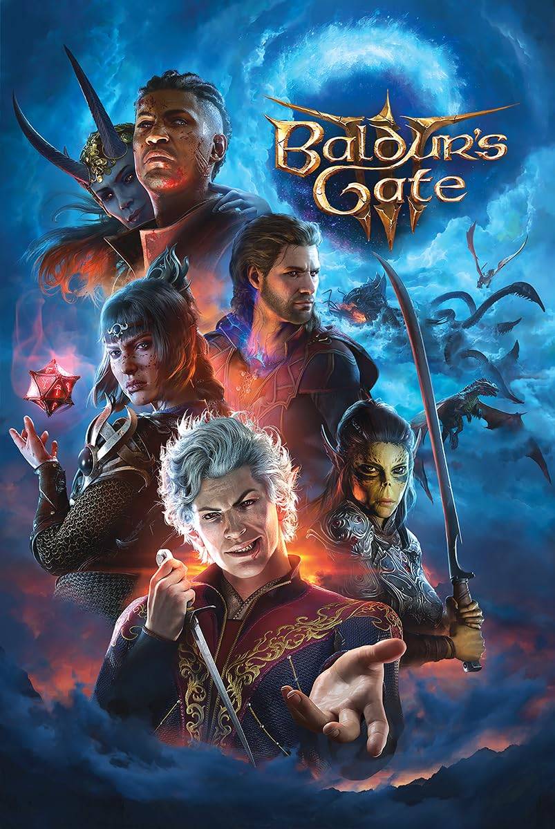 Promotional poster for 'Baldur's Gate' featuring characters from the game.