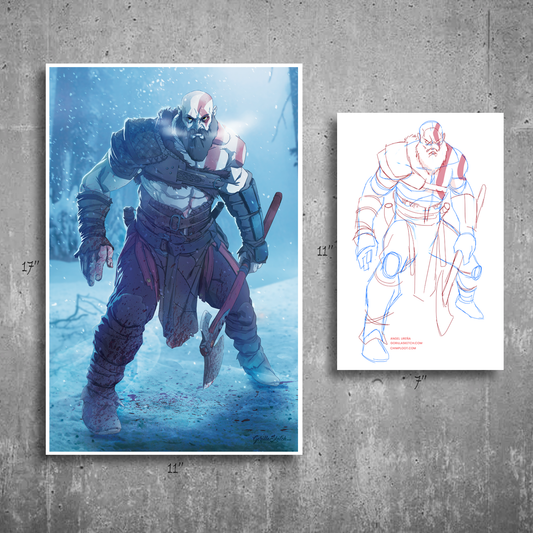 God of War : Kratos (11"x17") Impression d'art signée + Croquis original – Fan art de collection