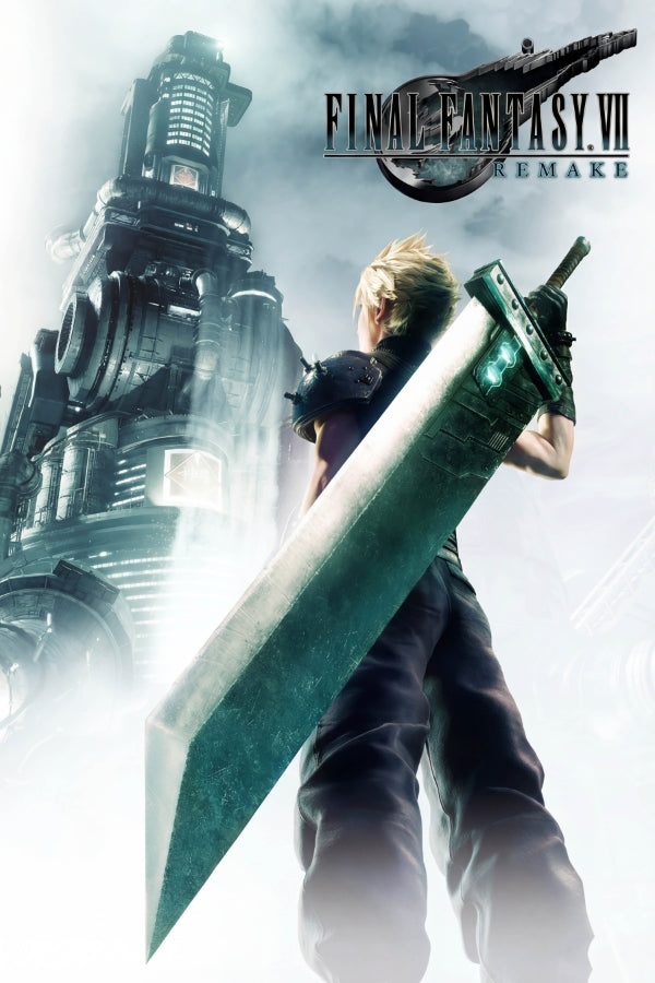 Promotional artwork for Final Fantasy VII Remake featuring Cloud Strife holding his large sword, with the game title logo at the top and a futuristic tower in the background.