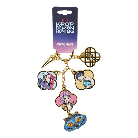 Keychain with K-Pop Demon Hunters Zooey, Rumi, Mira & Derpy Tiger Multi Charm Keychain character charms on a white background