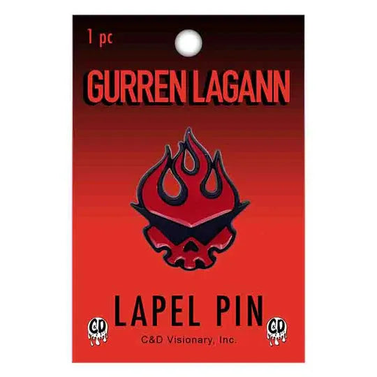 Gurren Lagann lapel pin on a red card with brand logos available at chimploot.com