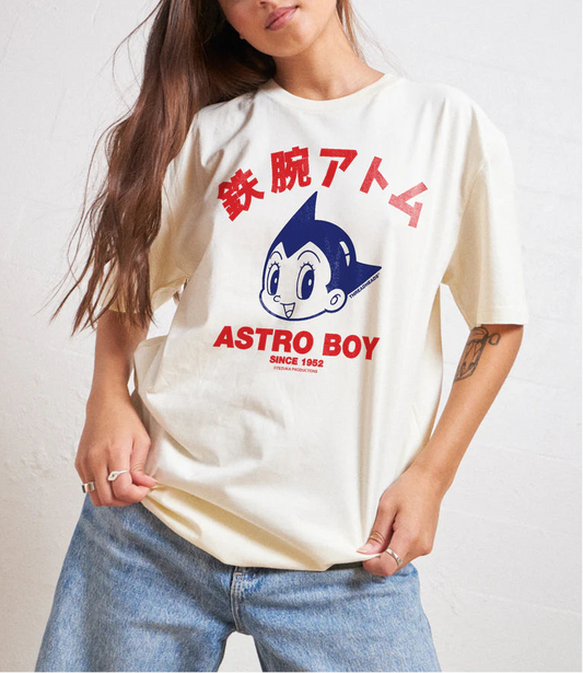 Woman wearing Off white Natural Astro Boy Face Premium Oversized T-Shirt by Threadheads