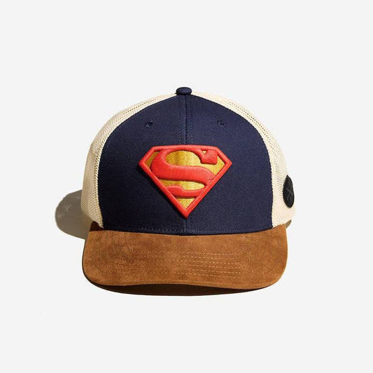 dc comics Superman logo cap with navy blue, brown, and red colors on a white background available at chimploot.com