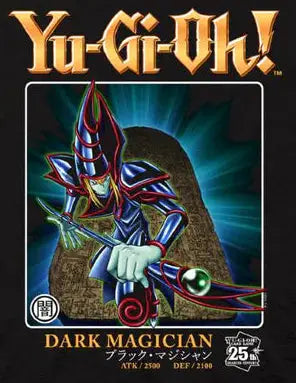 Black t-shirt with Yu-Gi-Oh! graphic featuring a dark magician character on a white background