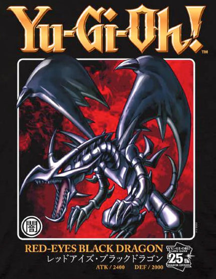 Black t-shirt with Yu-Gi-Oh! Red-Eyes Black Dragon graphic on a white background