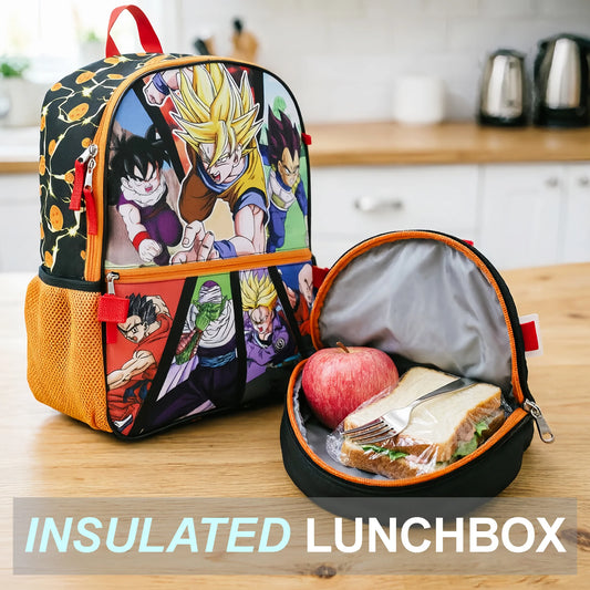 A Dragon Ball Z themed lunch bag and matching insulated lunchbox on a wooden table in a kitchen setting. The lunch bag features colorful anime characters, and the open lunchbox contains a sandwich, apple, and fork.