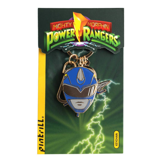 Blue Power Ranger mask keychain on a 'Mighty Morphin Power Rangers' branded card with lightning effects.
