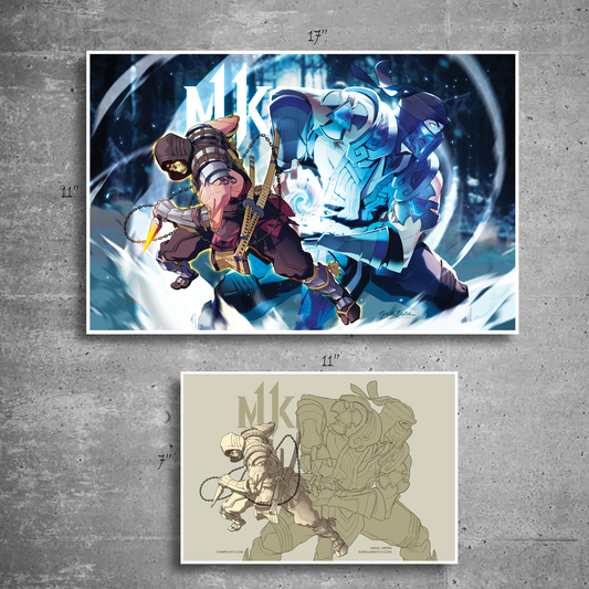 limited-edition print, exclusively crafted for ChimpLoot.com, featuring the iconic video game battle between Mortal Kombat 11's Scorpion and Sub-Zero