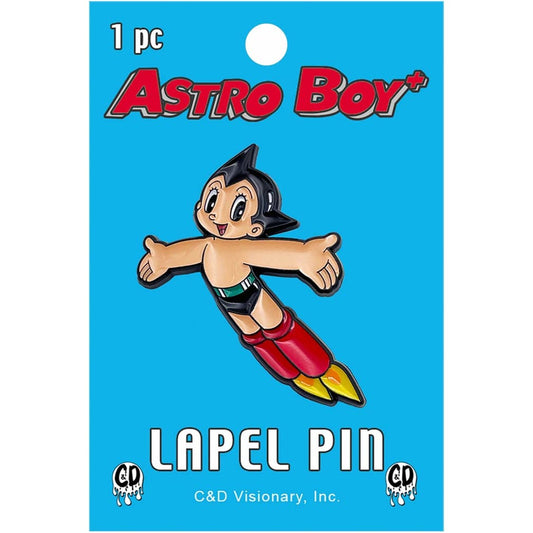Astro Boy lapel pin on its original blue backing card, featuring the character Astro Boy in his classic red boots and black hair, with 'ASTRO BOY' and 'LAPEL PIN' printed on the card.
