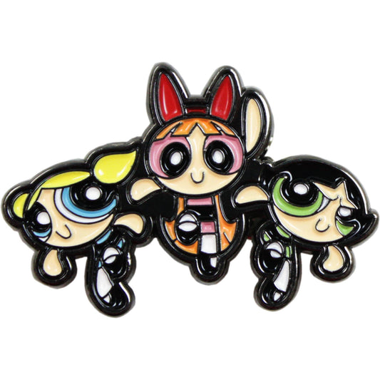 A cartoon enamel pin featuring the Powerpuff Girls with their signature colorful hair and black outlines, set against a plain white background.