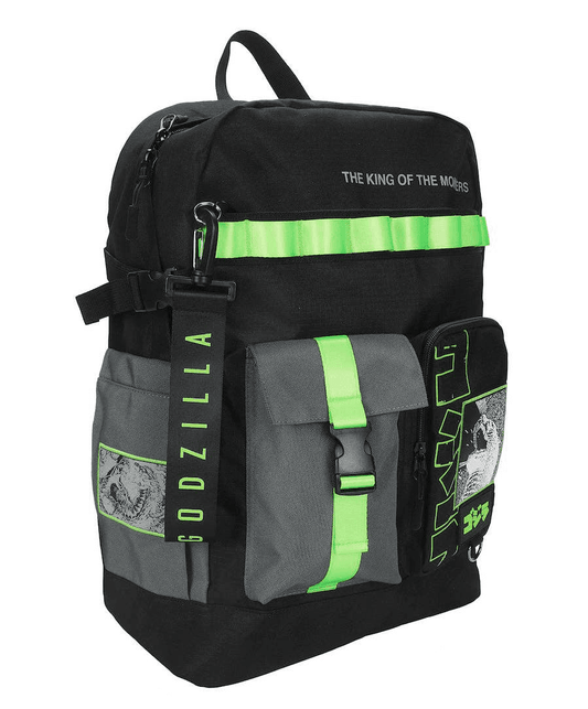 A black and gray backpack with bright neon green accents, featuring Godzilla-themed graphics, a vertical 'GODZILLA' strap, and reflective green stripes on a white background.