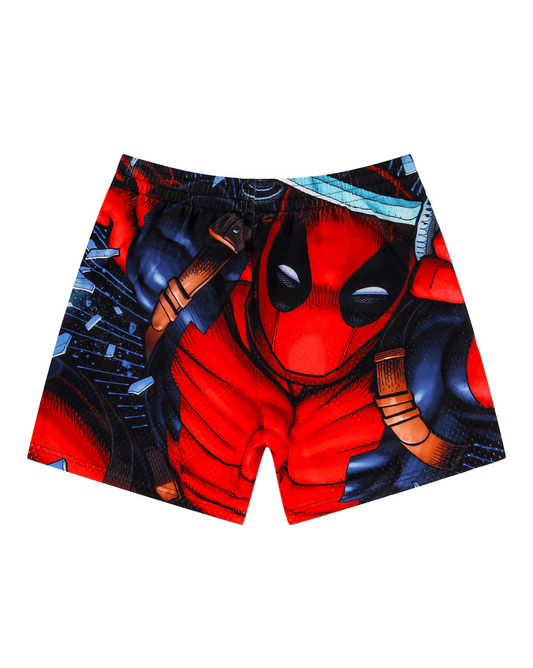 Deadpool-themed shorts on a white background