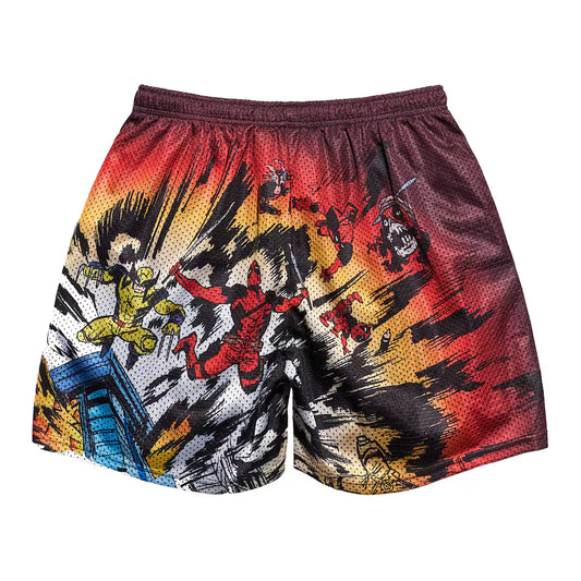Colorful shorts with comic book-style graphics and 'Deadpool Wolverine' text on a white background