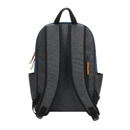 Gray and blue backpack with orange zipper pulls on a white background