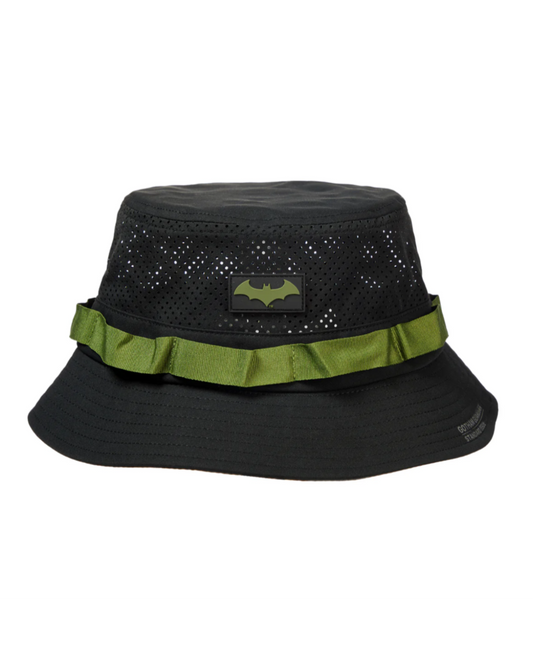 Black bucket hat with green band and dc comics Batman logo Mesh Bucket Hat available at chimploot.com