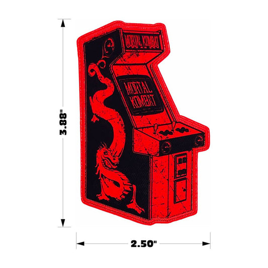 A red and black embroidered patch shaped like a classic arcade game cabinet, with a dragon graphic on the side. The patch is shown with dimension lines indicating a height of 3.