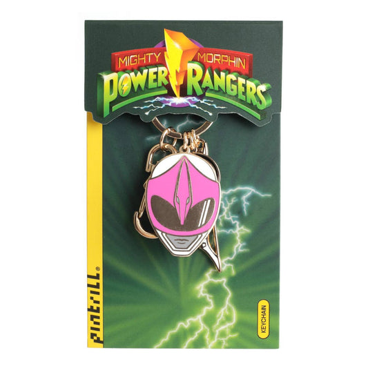 Mighty Morphin Power Rangers pink ranger keychain by Pintrill, attached to its original dark green and yellow backing card.
