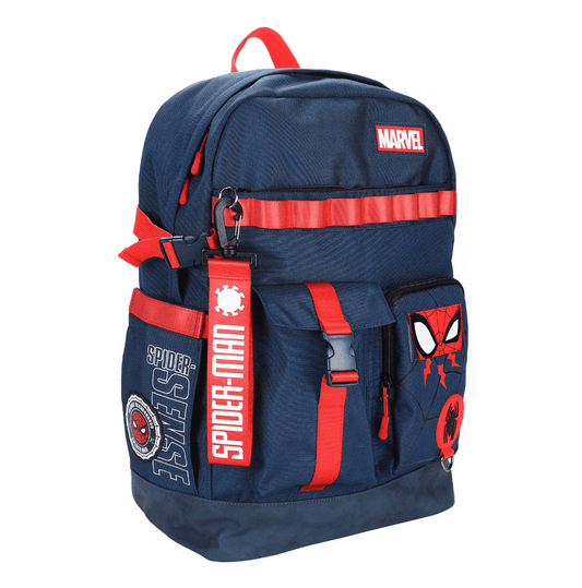 Blue backpack with red accents featuring Spider-Man logos on a white background