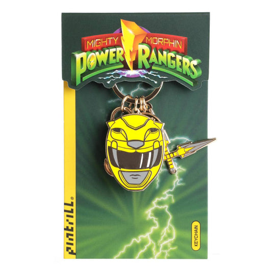 Yellow Power Ranger keychain on a green and yellow 'Mighty Morphin Power Rangers' branded card.
