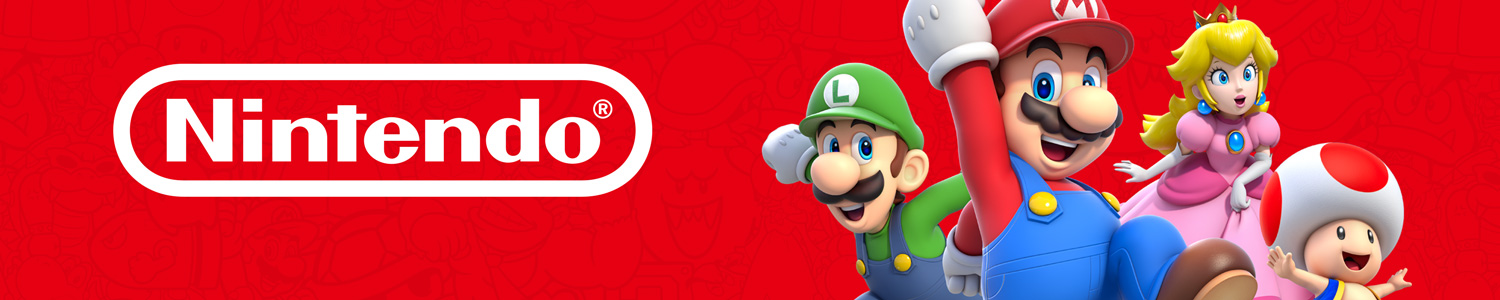 Red Nintendo banner featuring Mario, luigi, princess peach and toad