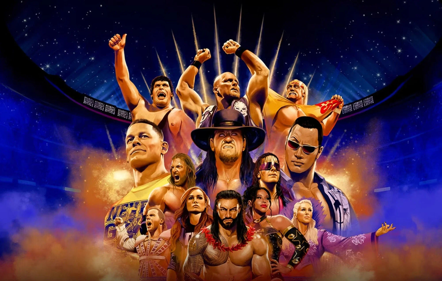 WWE AEW banner featuring the undertaker, the rock, roman reigns, stone cold, hulk hogan, shawn michaels, becky lynch, bret hart, and john cena