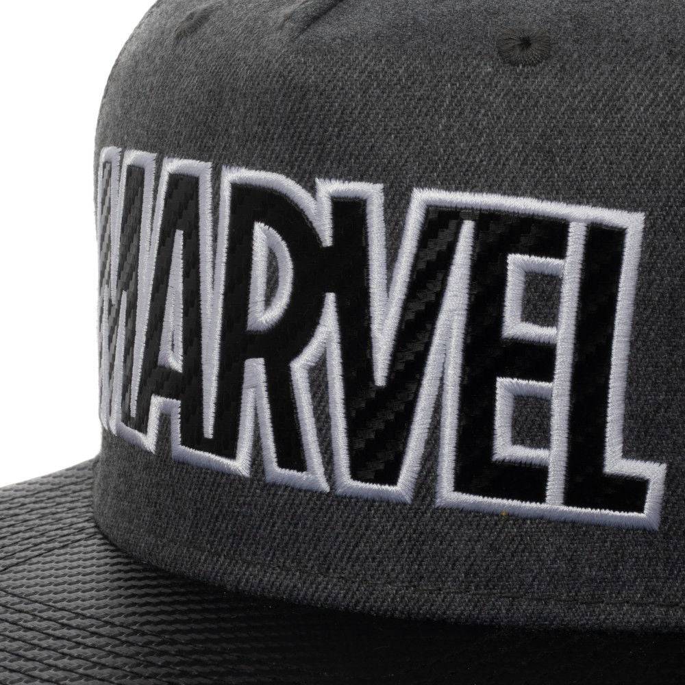 Gray Marvel cap with large black and white 'Marvel' logo with carbon fiber on a white background