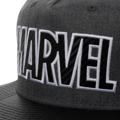 Gray Marvel cap with large black and white 'Marvel' logo with carbon fiber on a white background