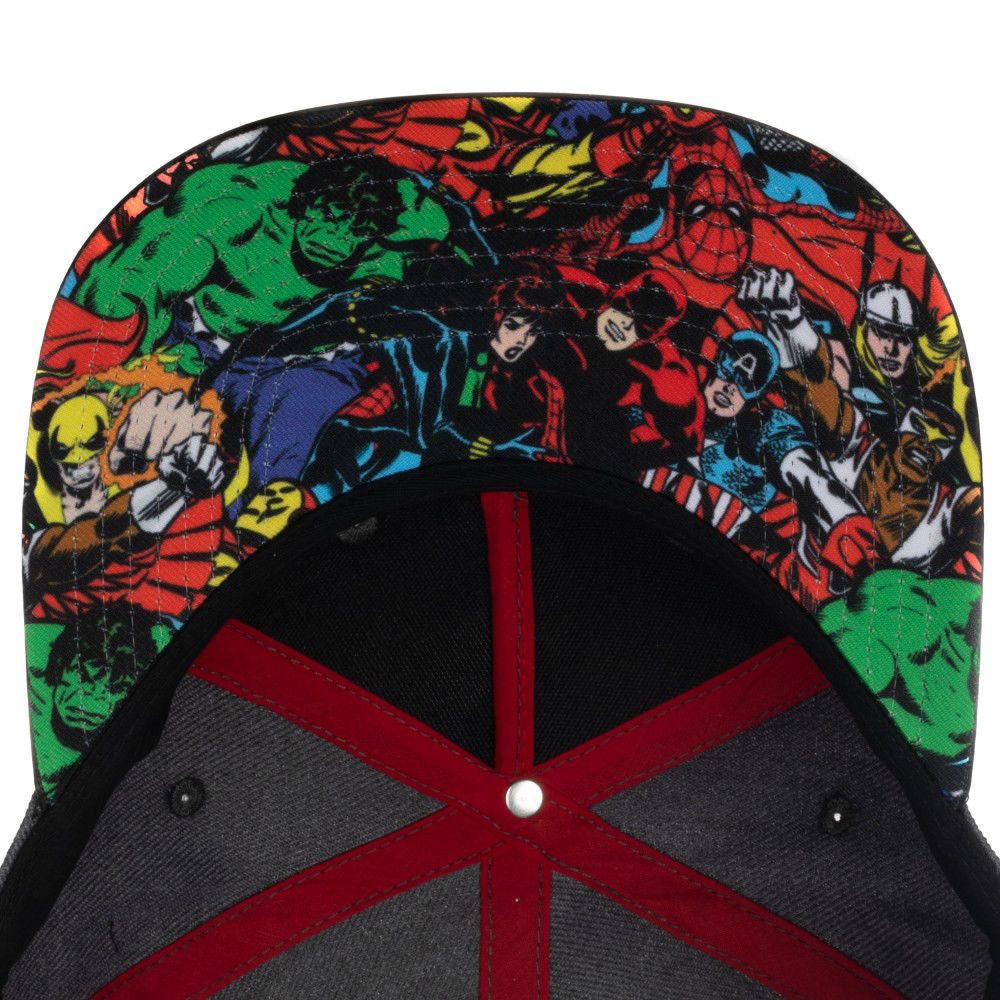 Colorful Marvel underbrim comic book design with superhero characters on a cap