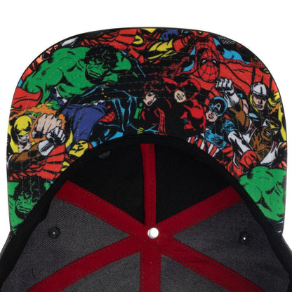 Colorful Marvel underbrim comic book design with superhero characters on a cap