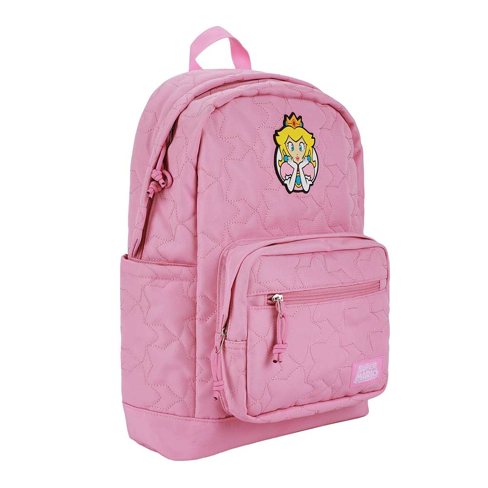 Nintendo Super Mario bros Princess Peach Quilted pink Backpack with rubber badge available at ChimpLoot.com