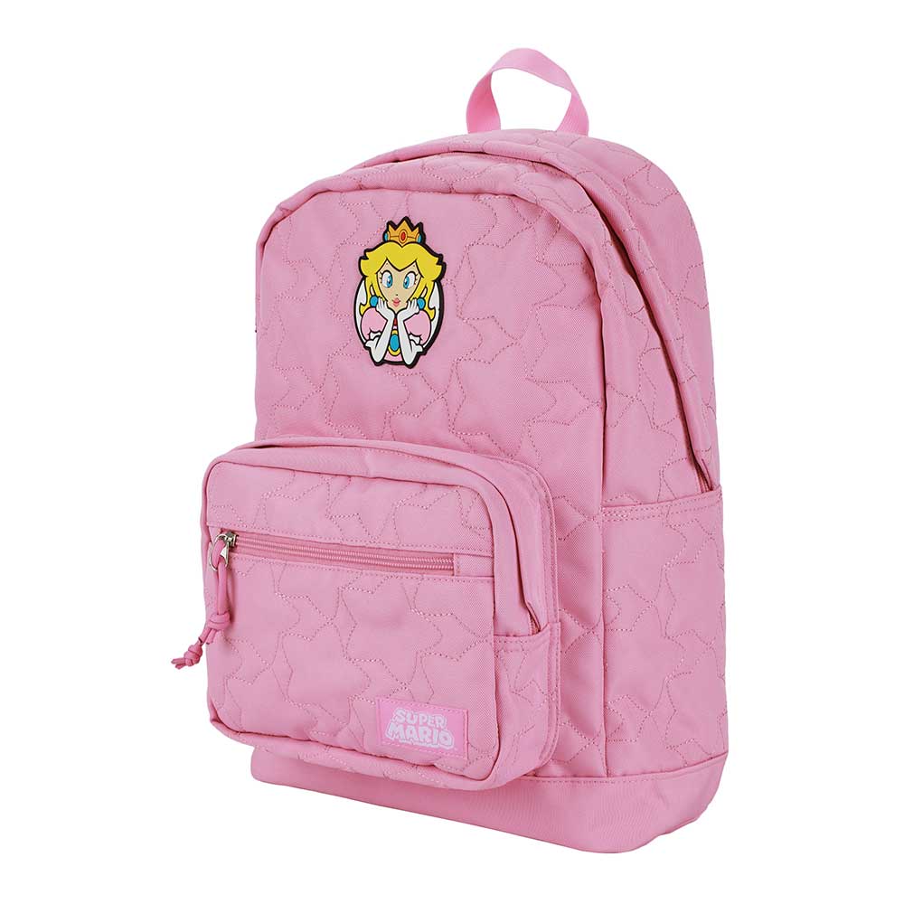 Nintendo Super Mario bros Princess Peach Quilted pink Backpack with rubber badge available at ChimpLoot.com