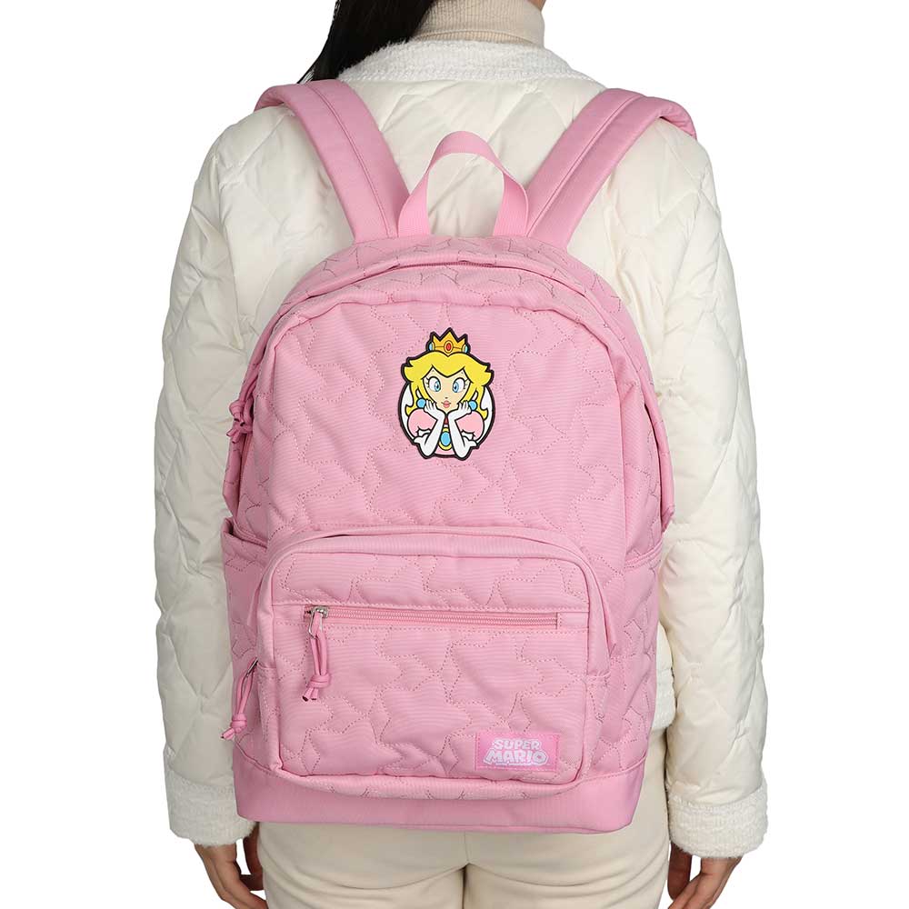 Nintendo Super Mario bros Princess Peach Quilted pink Backpack with rubber badge available at ChimpLoot.com