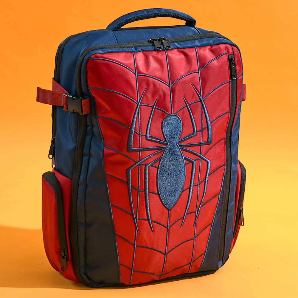 Marvel Spider-Man themed large travel backpack with red and blue design on a white background available at chimploot.com