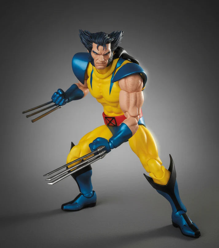 MAFEX No.096 Wolverine X-Men Action Figure of a superhero in yellow and blue costume with claws on a gray background