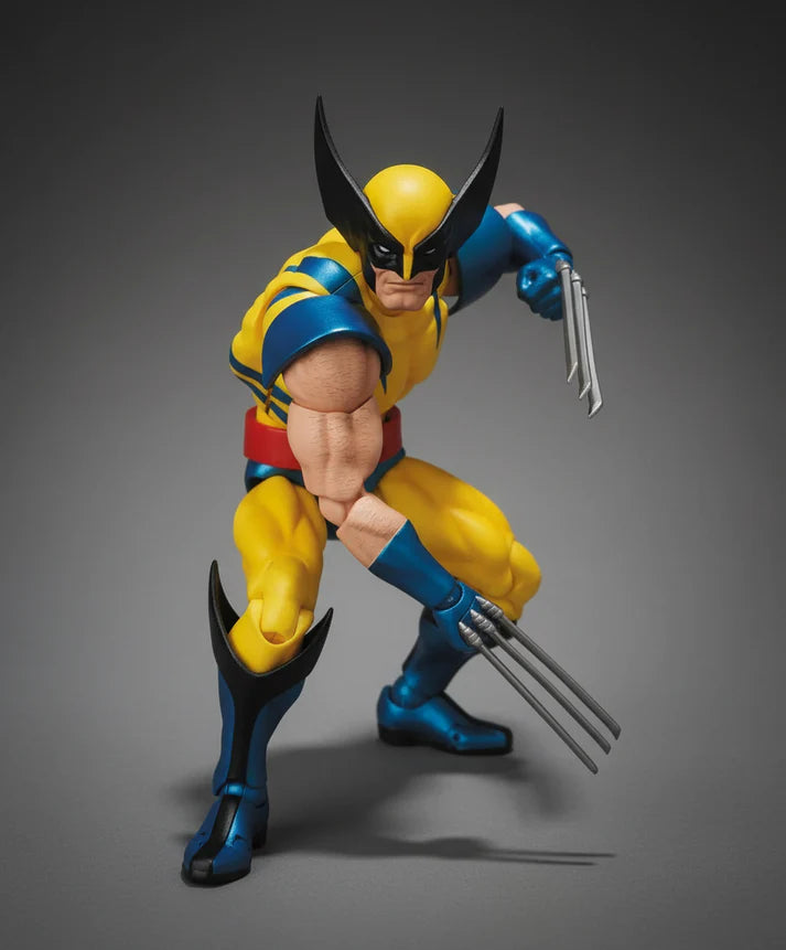 MAFEX No.096 Wolverine X-Men Action Figure of a superhero in yellow and blue costume with claws on a gray background