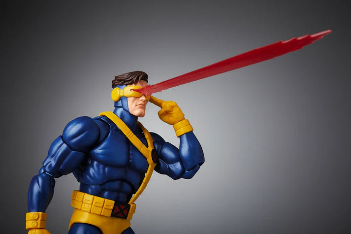 MAFEX No.099 Cyclops X-Men Action Figure in blue and yellow costume on a gray background