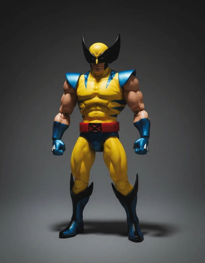 MAFEX No.096 Wolverine X-Men Action Figure of a superhero in yellow and blue costume with claws on a gray background