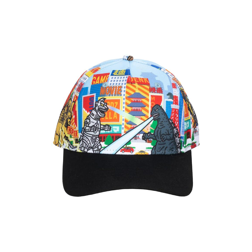 Colorful cap with Godzilla design on a white background